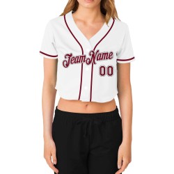Cropped Custom Baseball Women's Jersey V-Neck White Crimson-Gray Cropped Custom Baseball Women's Jersey V-Neck White Crimson-Gray