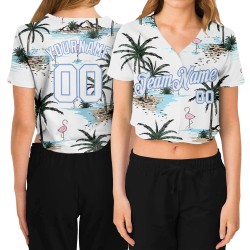 Jersey White-Light Custom V-Neck Women's Baseball Blue Cropped White 3D Palm Hawaii Trees