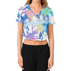 White V-Neck Cropped 3D Trees Palm Custom White-Light Blue Hawaii Women's Baseball Jersey White V-Neck Cropped 3D Trees Palm Custom White-Light Blue Hawaii Women's Baseball Jersey